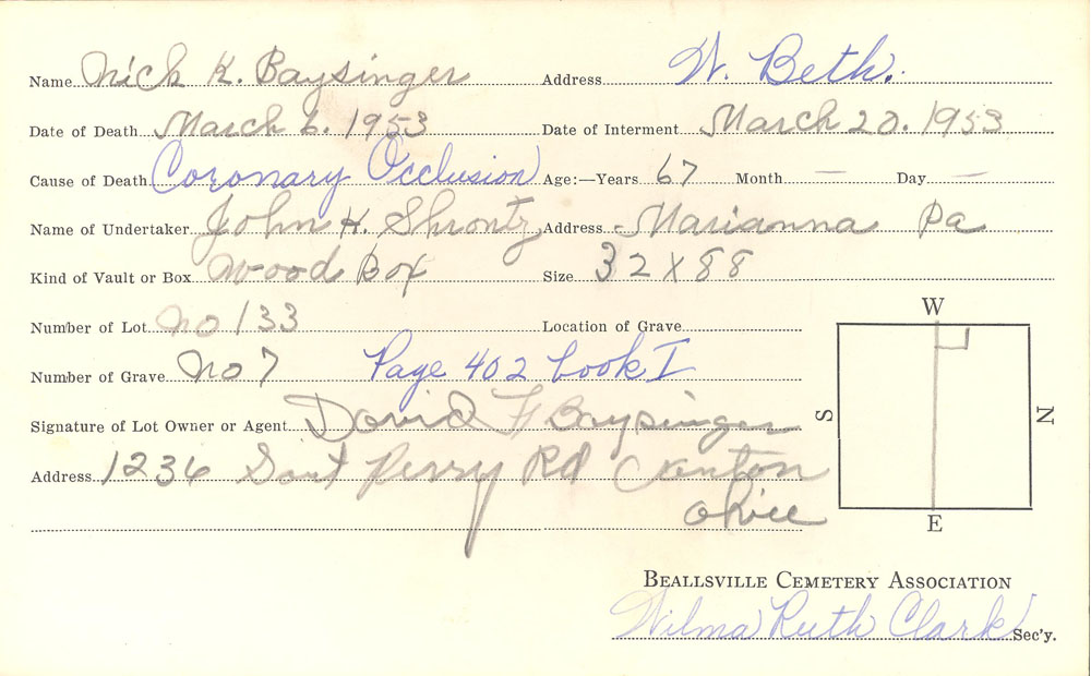 Nick K. Baysinger  burial card